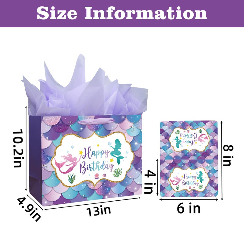 Laidans 13"" Large Mermaid Happy Birthday Gift Bag with Handle  Tissue Paper and Card for Kids Girls - Image 2